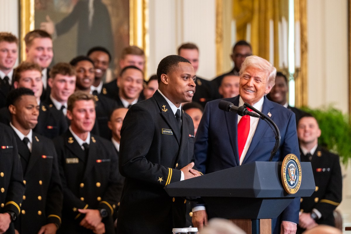 President Donald Trump greets members of the Navy Midshipmen football team from the U.S. Naval Academy, Tuesday, April 15, 2025, in the State Dining Room of the White House. (Official White House Photo by Molly Riley)