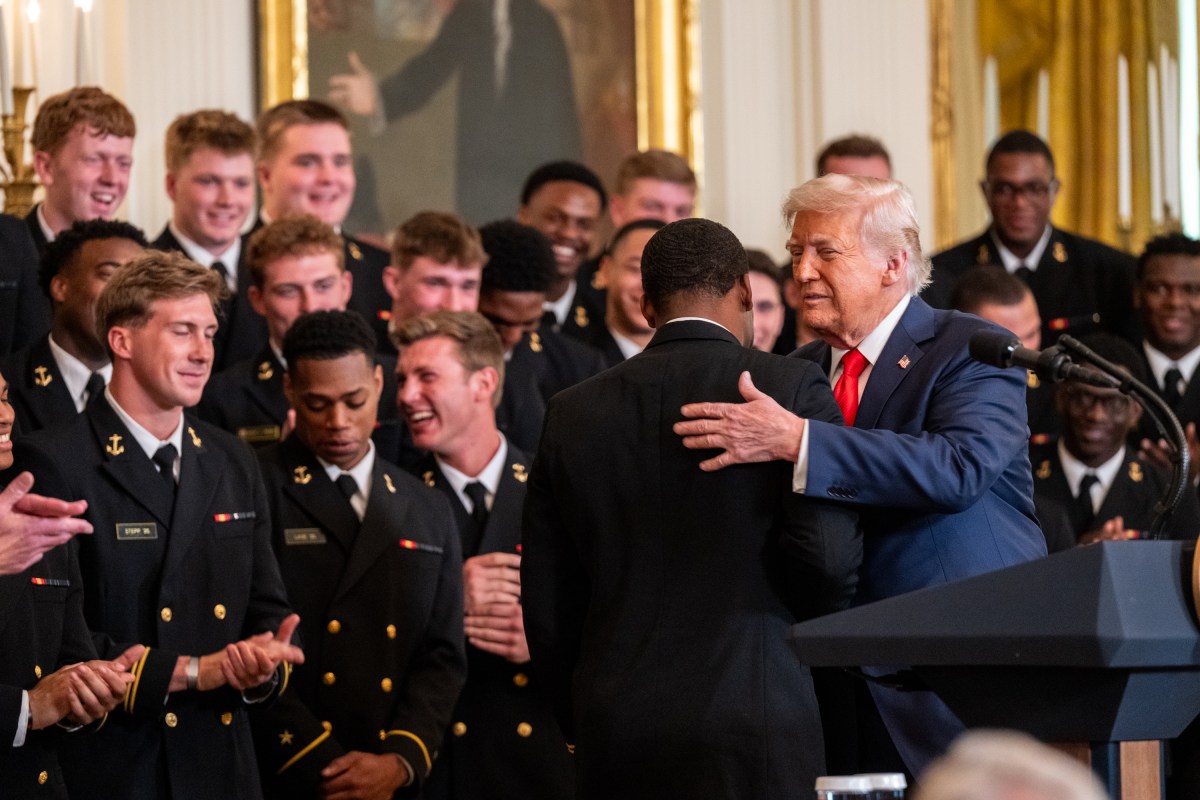 President Donald Trump greets members of the Navy Midshipmen football team from the U.S. Naval Academy, Tuesday, April 15, 2025, in the State Dining Room of the White House. (Official White House Photo by Molly Riley)