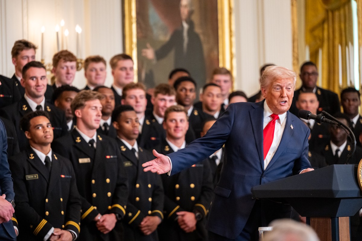 President Donald Trump greets members of the Navy Midshipmen football team from the U.S. Naval Academy, Tuesday, April 15, 2025, in the State Dining Room of the White House. (Official White House Photo by Molly Riley)