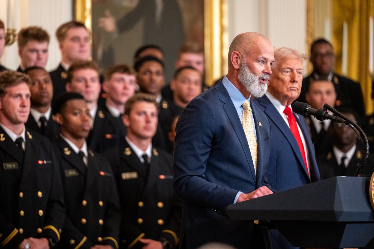 President Donald Trump greets members of the Navy Midshipmen football team from the U.S. Naval Academy, Tuesday, April 15, 2025, in the State Dining Room of the White House. (Official White House Photo by Molly Riley)