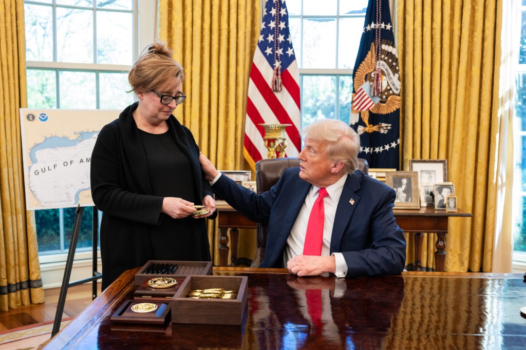 President Donald Trump meets with Patty Morin, the mother of Rachel Morin, in the Oval Office, Wednesday, April 16, 2025. (Official White House Photo by Joyce N. Boghosian)