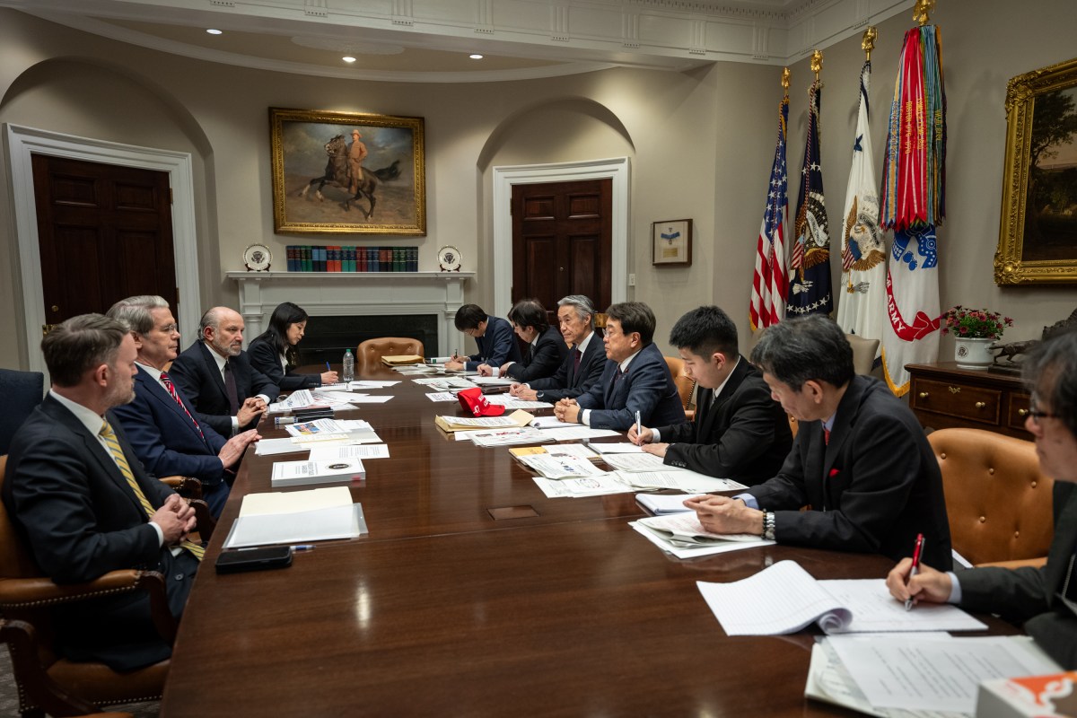President Donald Trump meets with the Japanese Minister of State for Economic and Fiscal Policy Ryosei Akazawa and delegation in the Oval Office, Wednesday, April 16, 2025. (Official White House Photo by Joyce N. Boghosian)