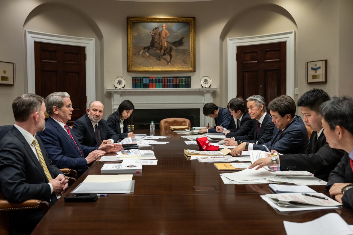 President Donald Trump meets with the Japanese Minister of State for Economic and Fiscal Policy Ryosei Akazawa and delegation in the Oval Office, Wednesday, April 16, 2025. (Official White House Photo by Joyce N. Boghosian)