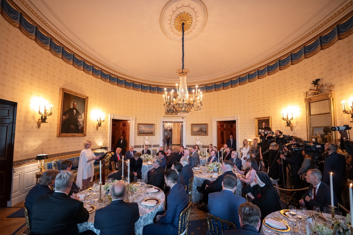 Pastor Paula White with the Office of Faith and Opportunity Initiatives offers a prayer during an Easter prayer service and dinner, Wednesday, April 16, 2025, in the Blue Room of the White House. (Official White House Photo by Joyce N. Boghosian)