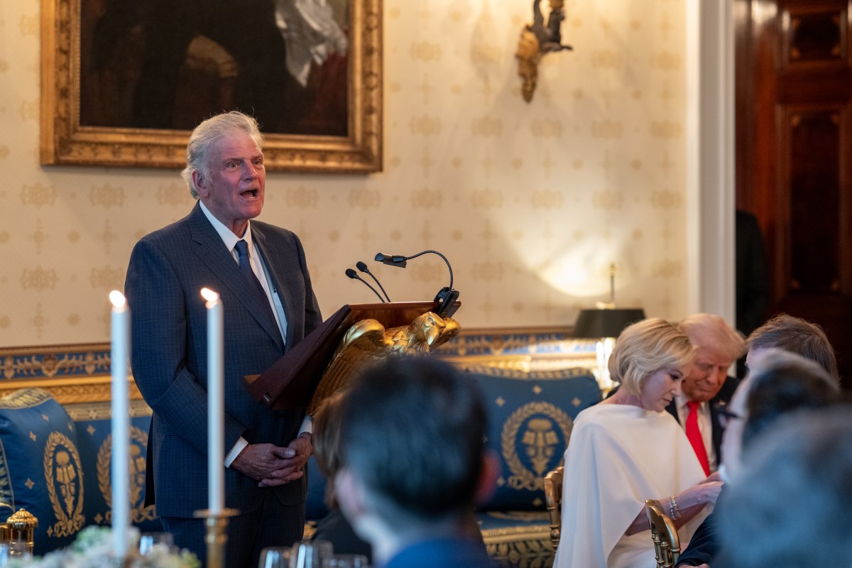 Reverend Franklin Graham offers a prayer during an Easter prayer service and dinner, Wednesday, April 16, 2025, in the Blue Room of the White House. (Official White House Photo by Joyce N. Boghosian)