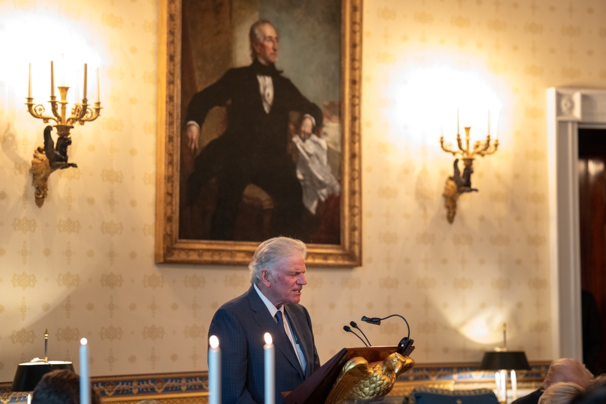 Reverend Franklin Graham offers a prayer during an Easter prayer service and dinner, Wednesday, April 16, 2025, in the Blue Room of the White House. (Official White House Photo by Joyce N. Boghosian)