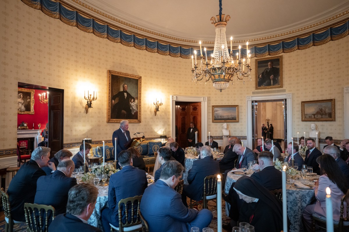 Reverend Franklin Graham offers a prayer during an Easter prayer service and dinner, Wednesday, April 16, 2025, in the Blue Room of the White House. (Official White House Photo by Joyce N. Boghosian)