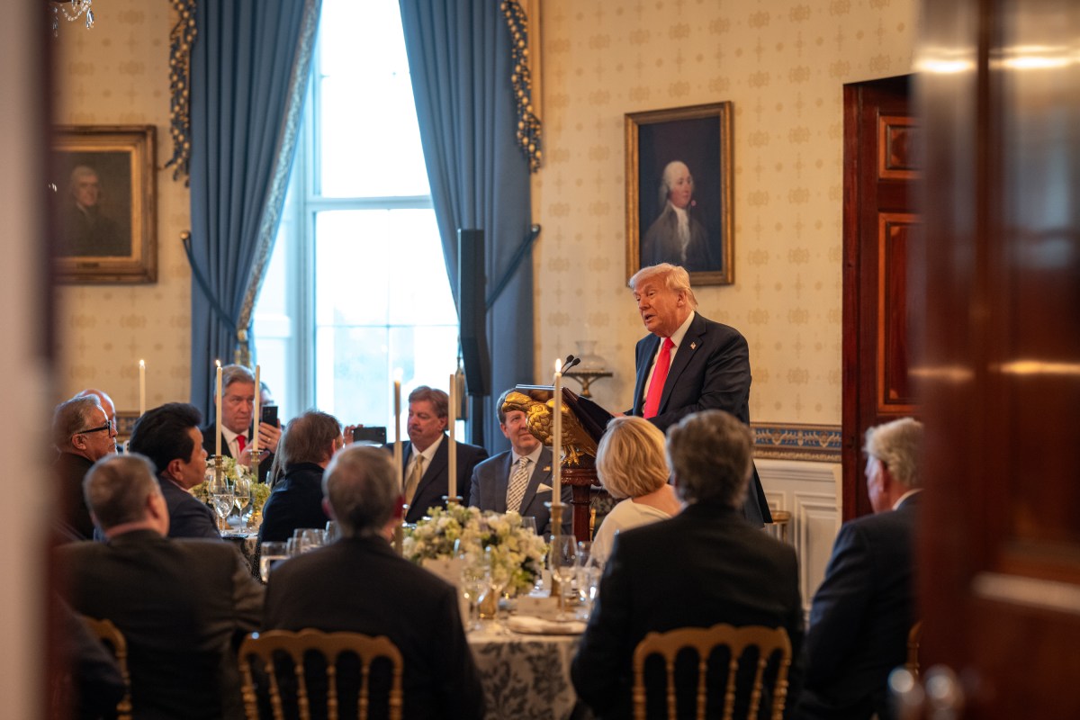 President Donald Trump makes remarks at an Easter prayer service and dinner, Wednesday, April 16, 2025, in the Blue Room of the White House. (Official White House Photo by Joyce N. Boghosian)