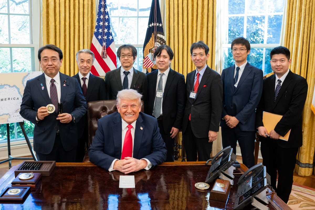 President Donald Trump meets with the Japanese Minister of State for Economic and Fiscal Policy Ryosei Akazawa and delegation in the Oval Office, Wednesday, April 16, 2025. (Official White House Photo by Molly Riley)