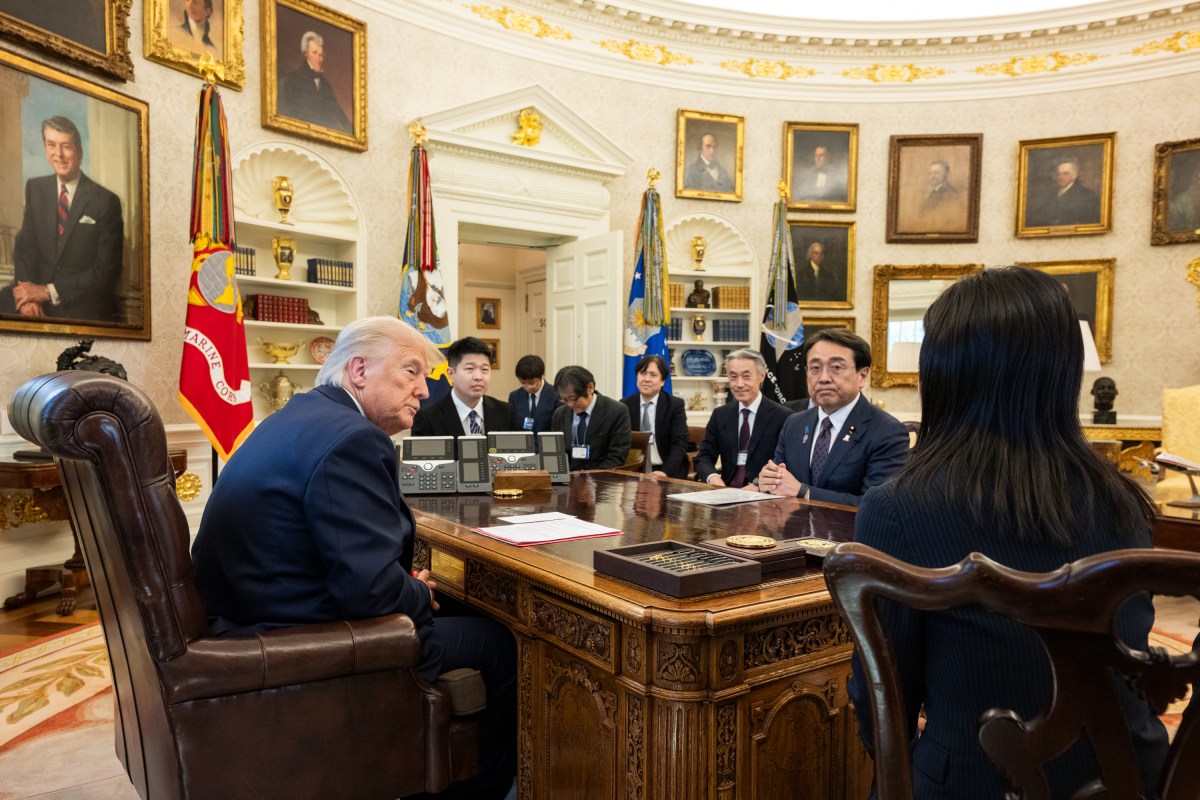 President Donald Trump meets with the Japanese Minister of State for Economic and Fiscal Policy Ryosei Akazawa and delegation in the Oval Office, Wednesday, April 16, 2025. (Official White House Photo by Molly Riley)