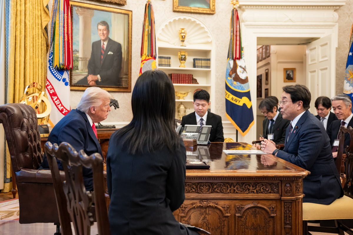 President Donald Trump meets with the Japanese Minister of State for Economic and Fiscal Policy Ryosei Akazawa and delegation in the Oval Office, Wednesday, April 16, 2025. (Official White House Photo by Molly Riley)