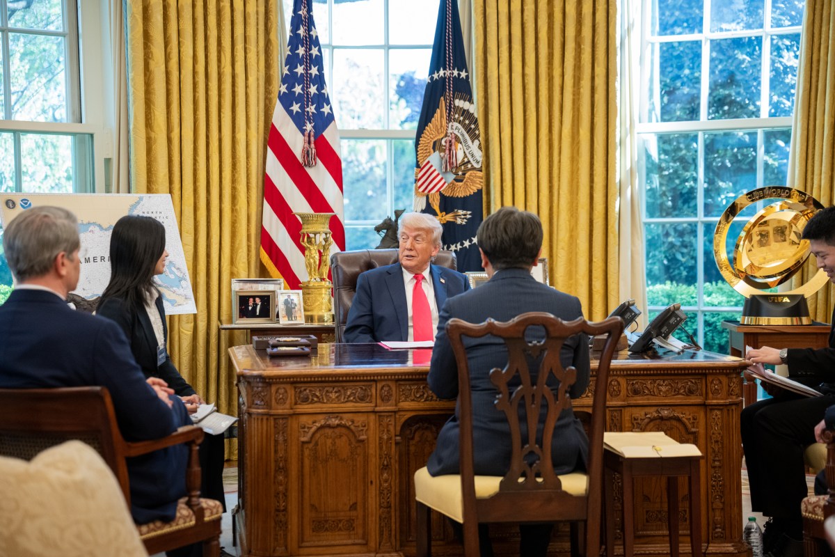 President Donald Trump meets with the Japanese Minister of State for Economic and Fiscal Policy Ryosei Akazawa and delegation in the Oval Office, Wednesday, April 16, 2025. (Official White House Photo by Molly Riley)