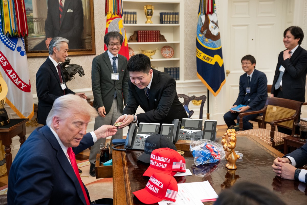 President Donald Trump meets with the Japanese Minister of State for Economic and Fiscal Policy Ryosei Akazawa and delegation in the Oval Office, Wednesday, April 16, 2025. (Official White House Photo by Molly Riley)