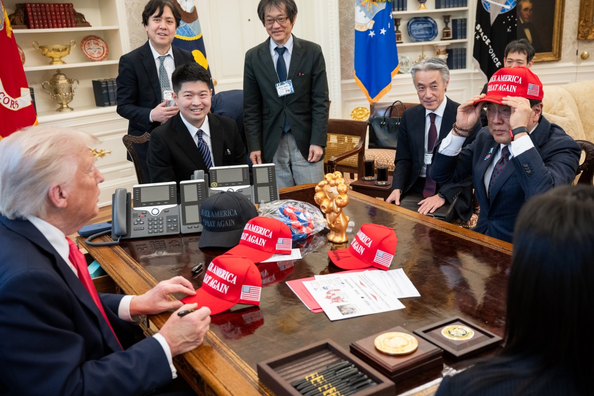 President Donald Trump meets with the Japanese Minister of State for Economic and Fiscal Policy Ryosei Akazawa and delegation in the Oval Office, Wednesday, April 16, 2025. (Official White House Photo by Molly Riley)