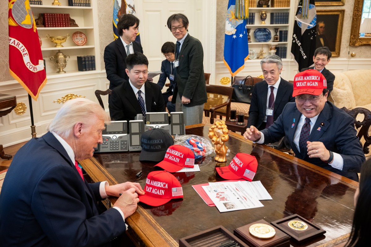 President Donald Trump meets with the Japanese Minister of State for Economic and Fiscal Policy Ryosei Akazawa and delegation in the Oval Office, Wednesday, April 16, 2025. (Official White House Photo by Molly Riley)