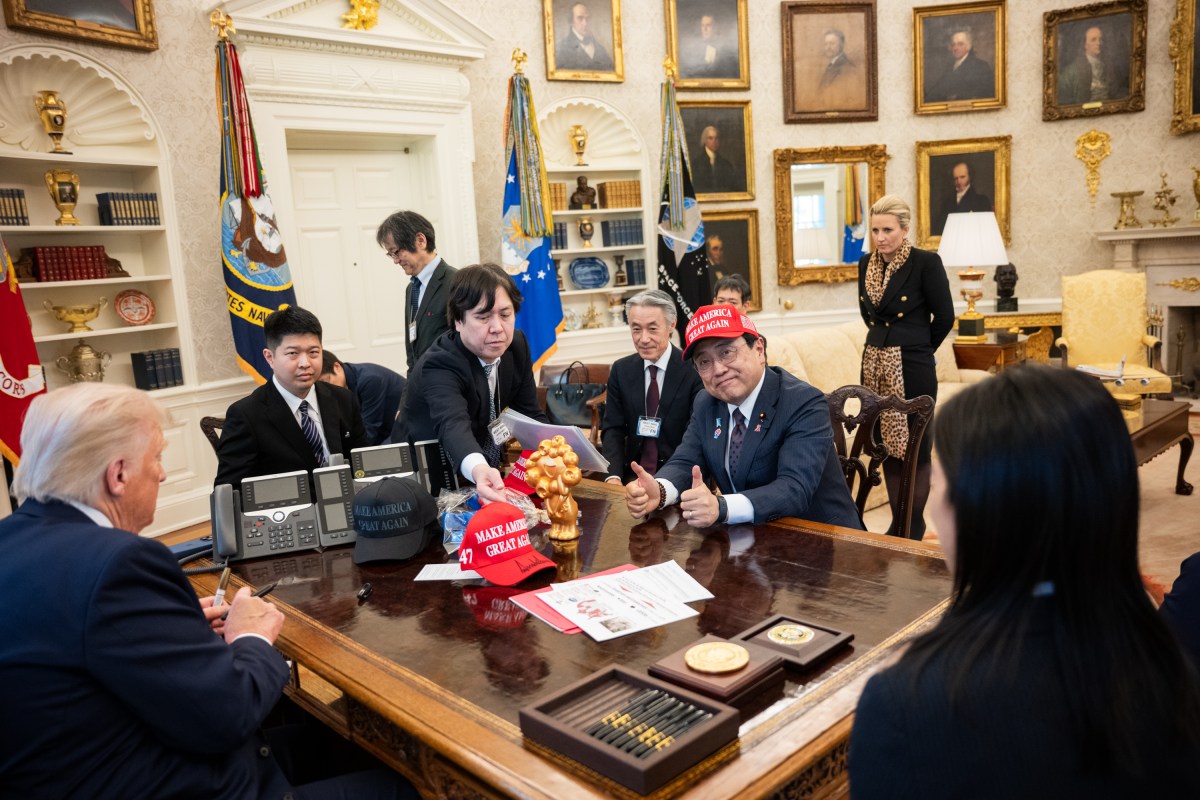 President Donald Trump meets with the Japanese Minister of State for Economic and Fiscal Policy Ryosei Akazawa and delegation in the Oval Office, Wednesday, April 16, 2025. (Official White House Photo by Molly Riley)