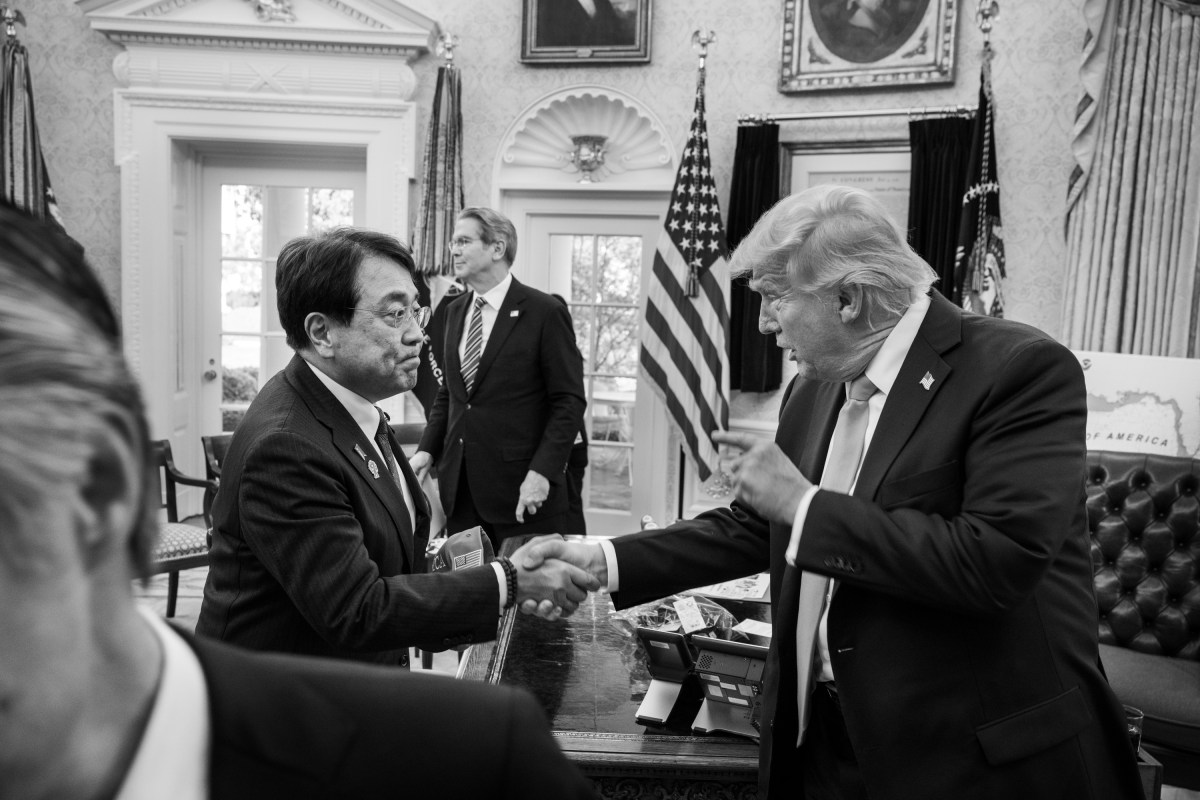 President Donald Trump meets with the Japanese Minister of State for Economic and Fiscal Policy Ryosei Akazawa and delegation in the Oval Office, Wednesday, April 16, 2025. (Official White House Photo by Molly Riley)