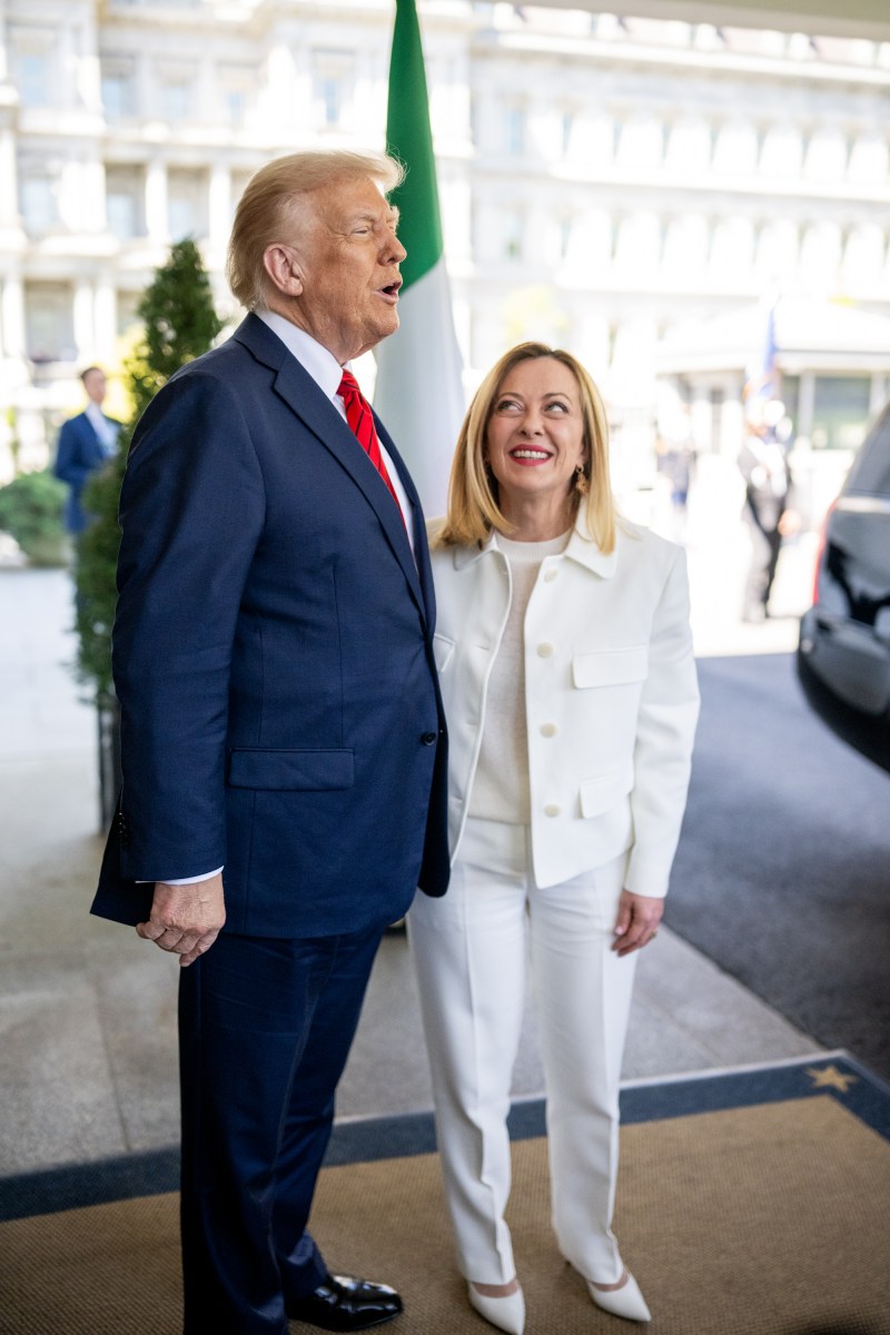 President Donald Trump greets Prime Minister Giorgia Meloni of Italy at the West Wing of the White House, Thursday, April 17, 2025. (Official White House Photo by Daniel Torok)
