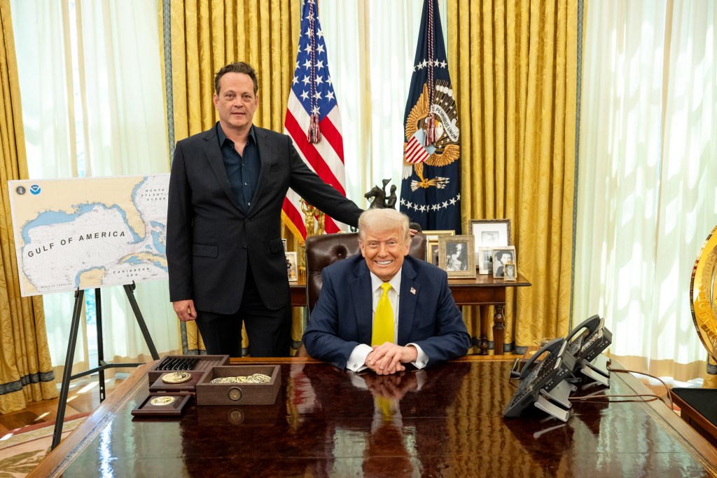 Actor Vince Vaughn and family visit President Donald Trump in the Oval Office, Friday, April 18, 2025. (Official White House Photo by Molly Riley)