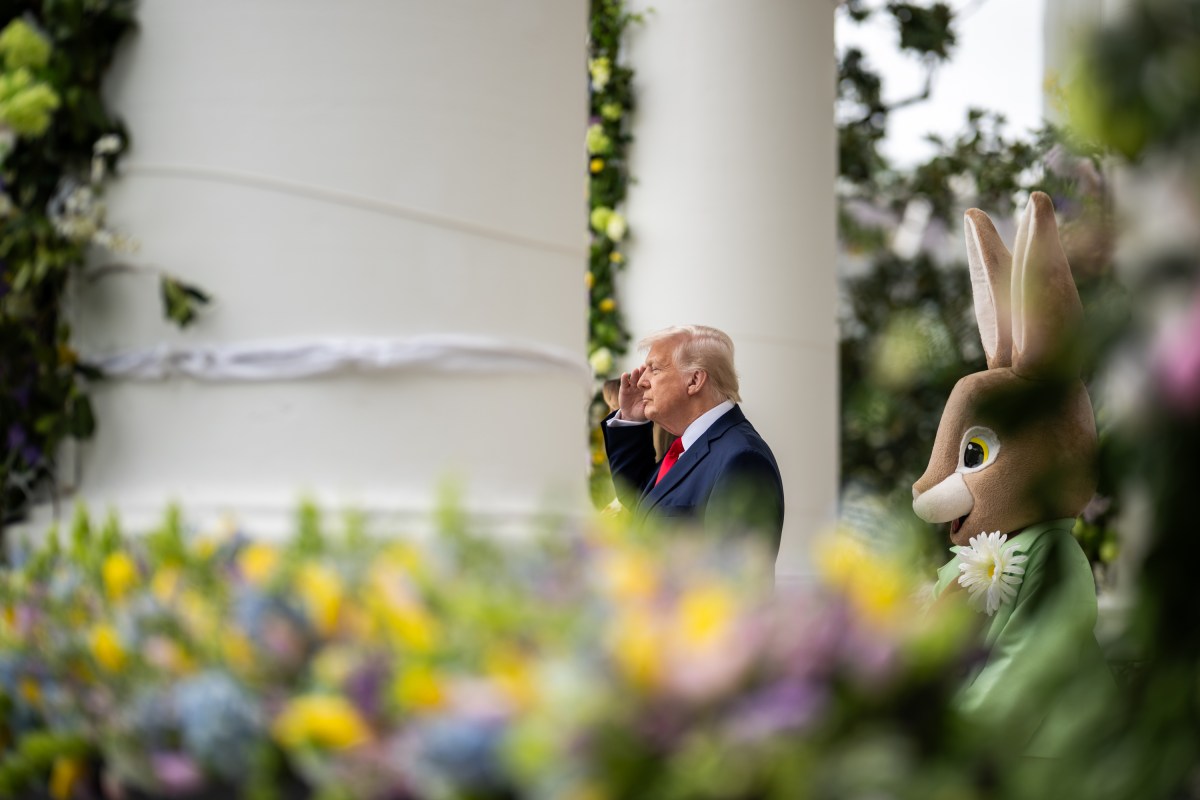 President Donald Trump and First Lady Melania Trump are accompanied by the Easter Bunny as they wave to the crowd from the Blue Room Balcony, Monday, April 21, 2025, during the annual White House Easter Egg Roll on the South Lawn. (Official White House Photo by Daniel Torok)