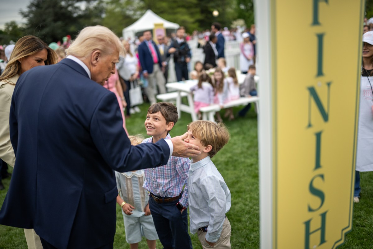 President Donald Trump and First Lady Melania Trump blow whistles to kick off a race at the White House Easter Egg Roll, Monday, April 21, 2025, on the South Lawn. (Official White House Photo by Daniel Torok)