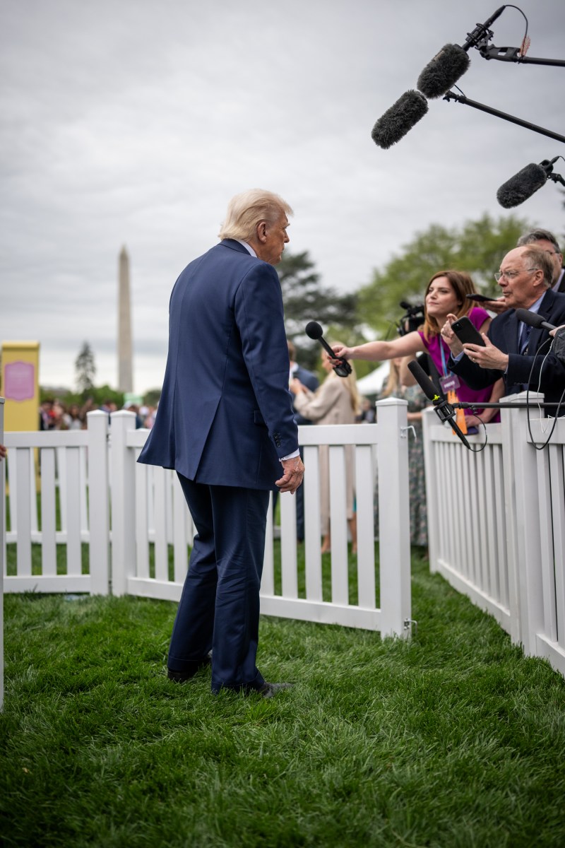 President Donald Trump speaks with the press at the White House Easter Egg Roll, Monday, April 21, 2025, on the South Lawn. (Official White House Photo by Daniel Torok)