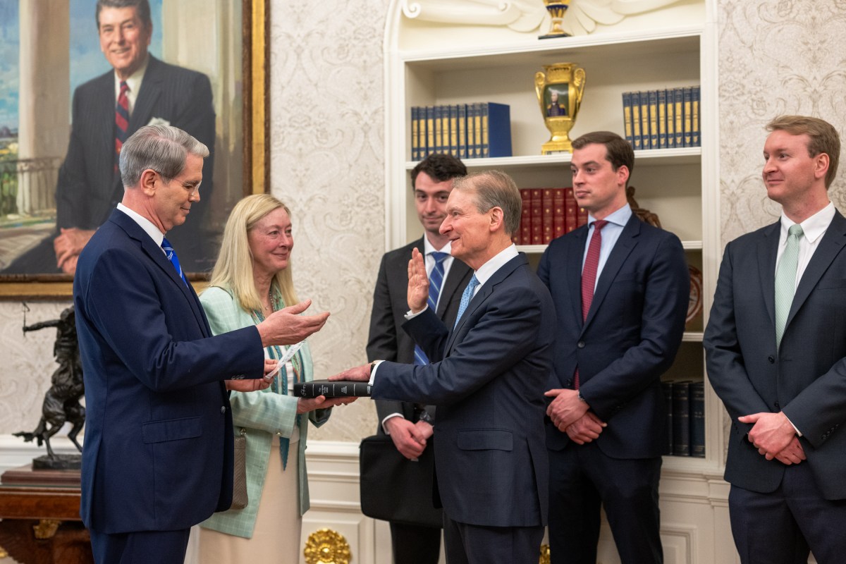 President Donald Trump participates in the swearing-in ceremony of Security and Exchange Commission Chair Paul Atkins, Tuesday, April 22, 2025, in the Oval Office. (Official White House Photo by Molly Riley)