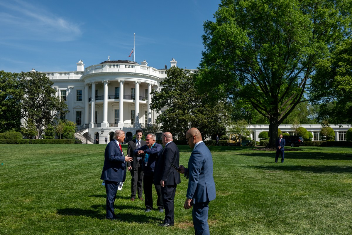 President Donald Trump surveys the North and South Lawns of the White House for potential locations for new flag poles, Wednesday, April 23, 2025. (Official White House Photo by Joyce N. Boghosian)