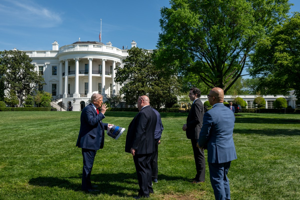 President Donald Trump surveys the North and South Lawns of the White House for potential locations for new flag poles, Wednesday, April 23, 2025. (Official White House Photo by Joyce N. Boghosian)