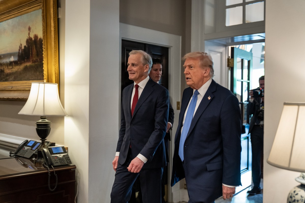 President Donald Trump greets Prime Minister Gahr Store of Norway, Thursday, April 24, 2025, at the West Wing Lobby of the White House. (Official White House Photo by Gabriel Kotico)