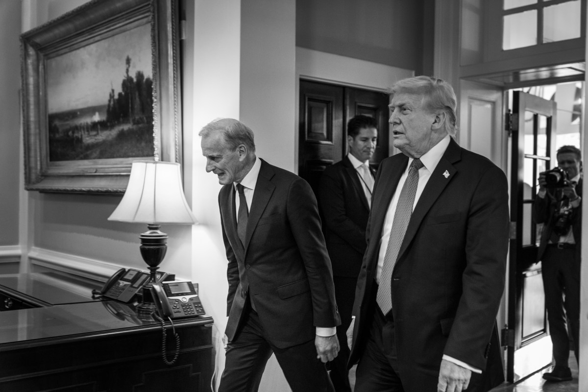 President Donald Trump greets Prime Minister Gahr Store of Norway, Thursday, April 24, 2025, at the West Wing Lobby of the White House. (Official White House Photo by Gabriel Kotico)