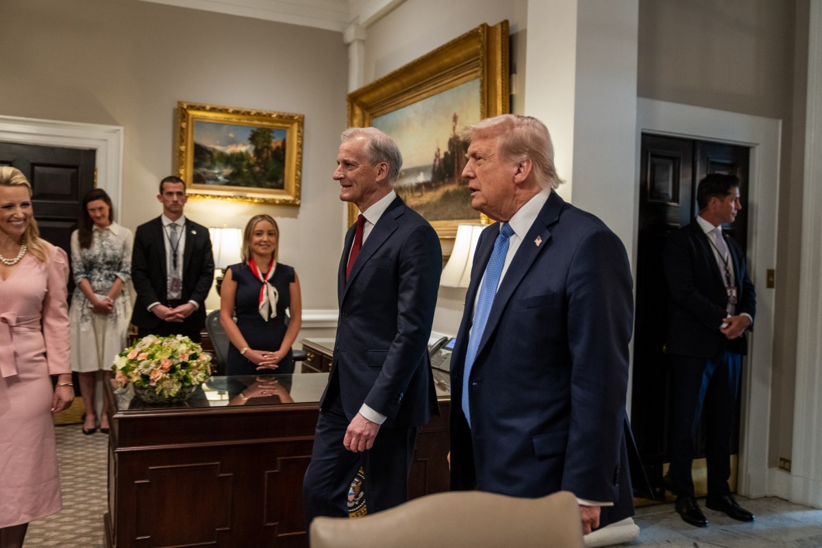 President Donald Trump greets Prime Minister Gahr Store of Norway, Thursday, April 24, 2025, at the West Wing Lobby of the White House. (Official White House Photo by Gabriel Kotico)
