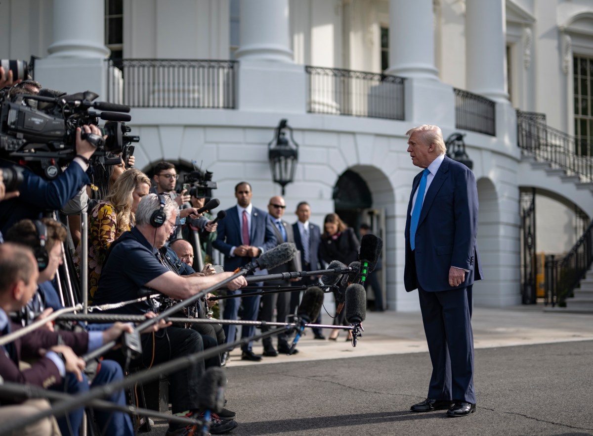President Donald Trump speaks to the press before boarding Marine One on the South Lawn of the White House, Friday, April 25, 2025, en route to Joint Base Andrews as they begin their trip to Italy to attend the funeral of Pope Francis. (Official White House Photo by Molly Riley)