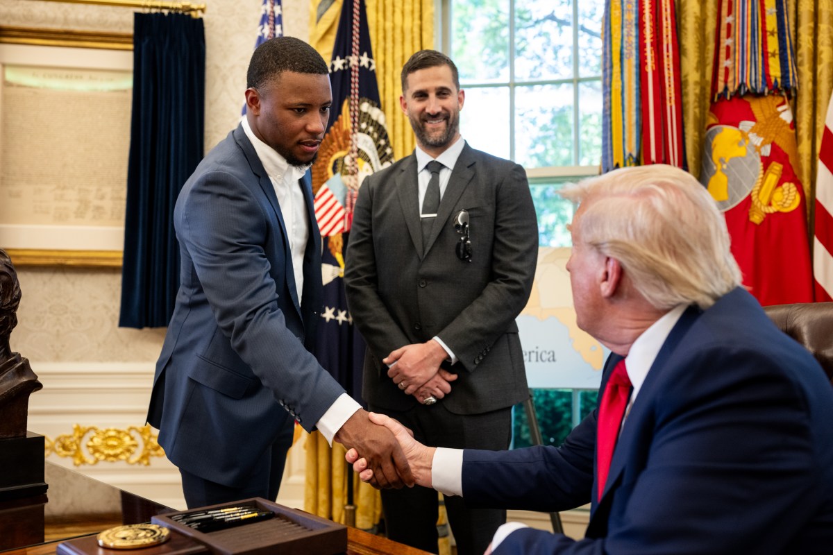 President Donald Trump, coach Nick Sirianni and Philadelphia Eagles offensive tackle Lane Johnson arrive to the South Lawn, Monday, April 28, 2025, for an event celebrating the team’s 2025 Super Bowl Championship.(Official White House Photo by Daniel Torok)