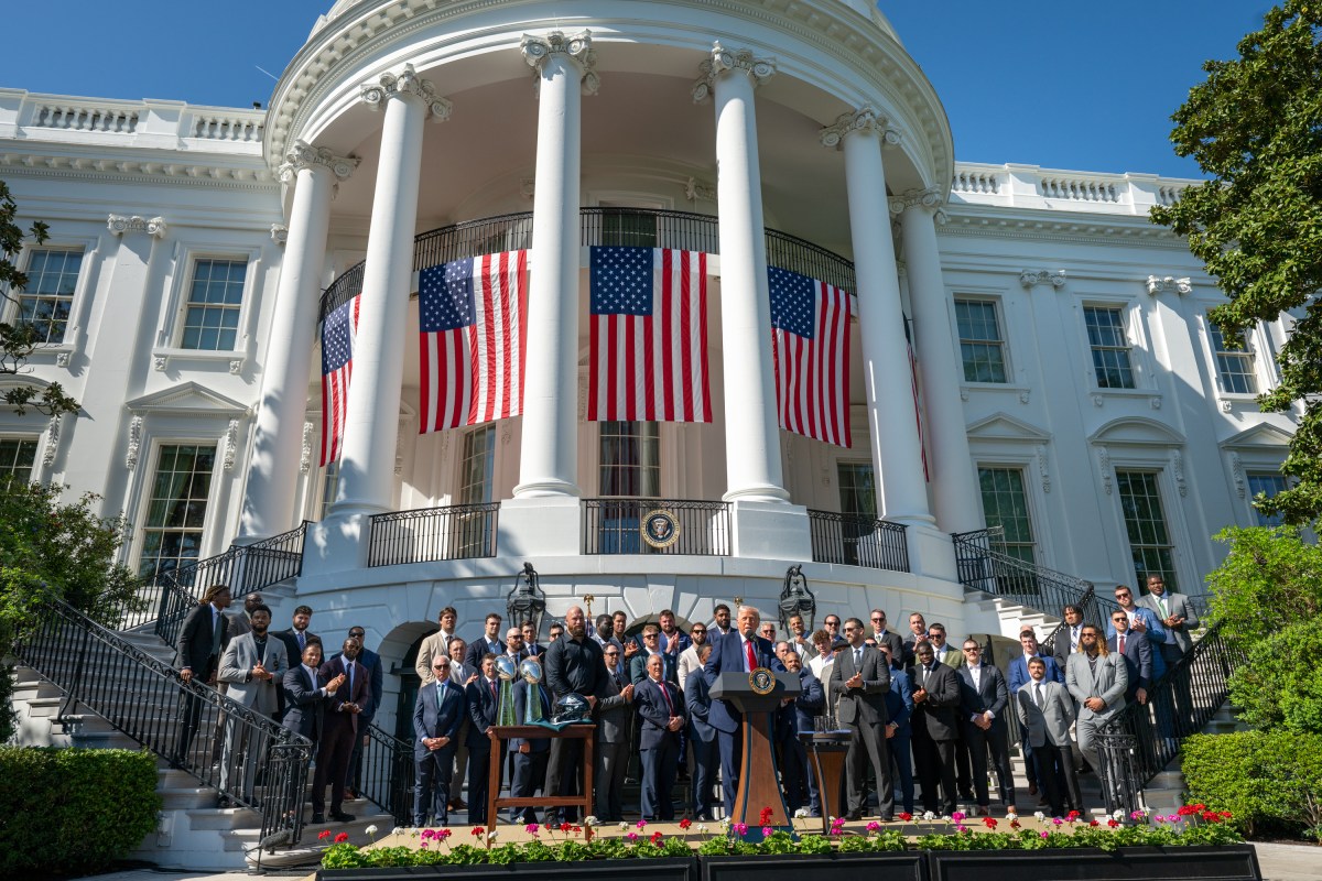 President Donald Trump, coach Nick Sirianni and Philadelphia Eagles offensive tackle Lane Johnson arrive to the South Lawn, Monday, April 28, 2025, for an event celebrating the team’s 2025 Super Bowl Championship.(Official White House Photo by Joyce N. Boghosian)