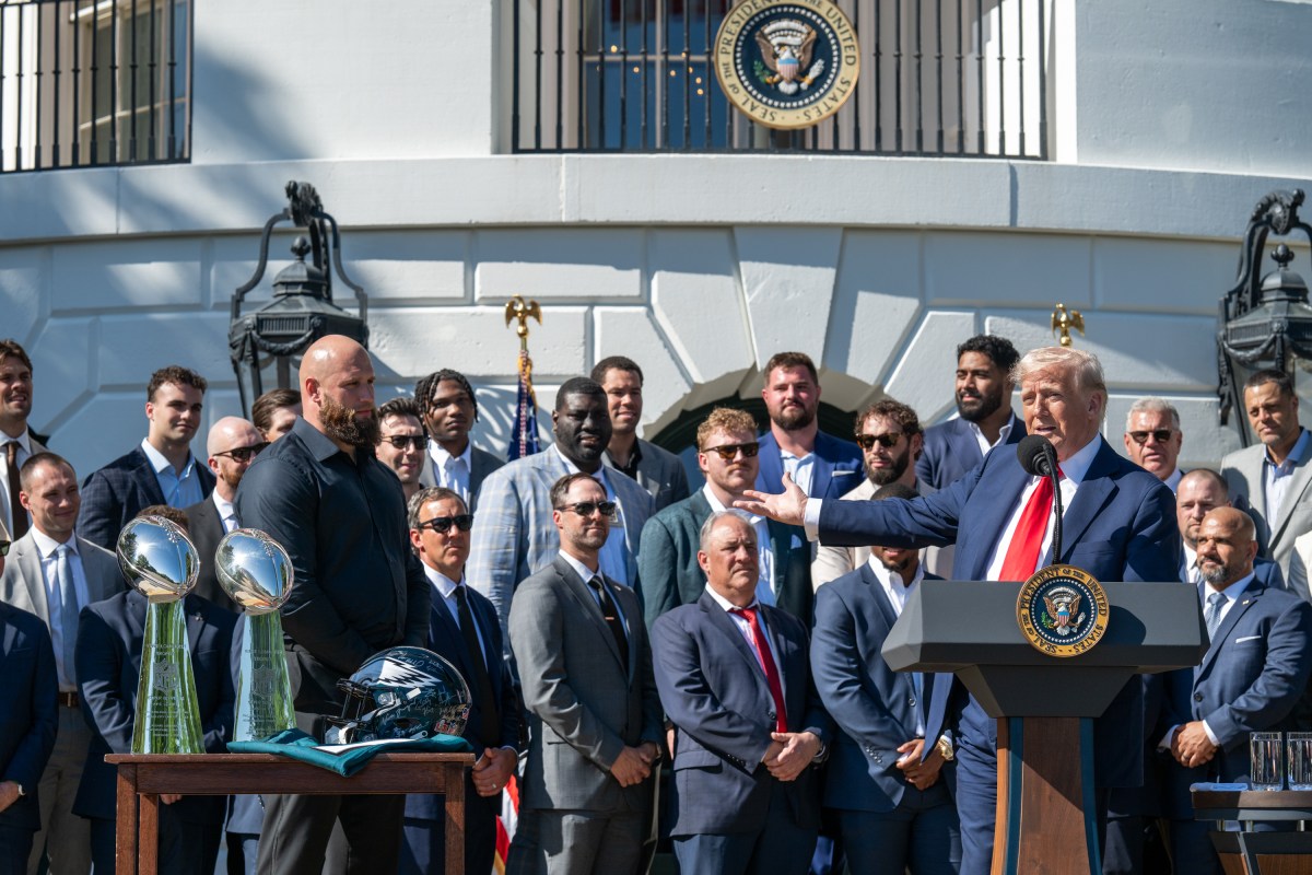 President Donald Trump, coach Nick Sirianni and Philadelphia Eagles offensive tackle Lane Johnson arrive to the South Lawn, Monday, April 28, 2025, for an event celebrating the team’s 2025 Super Bowl Championship.(Official White House Photo by Joyce N. Boghosian)