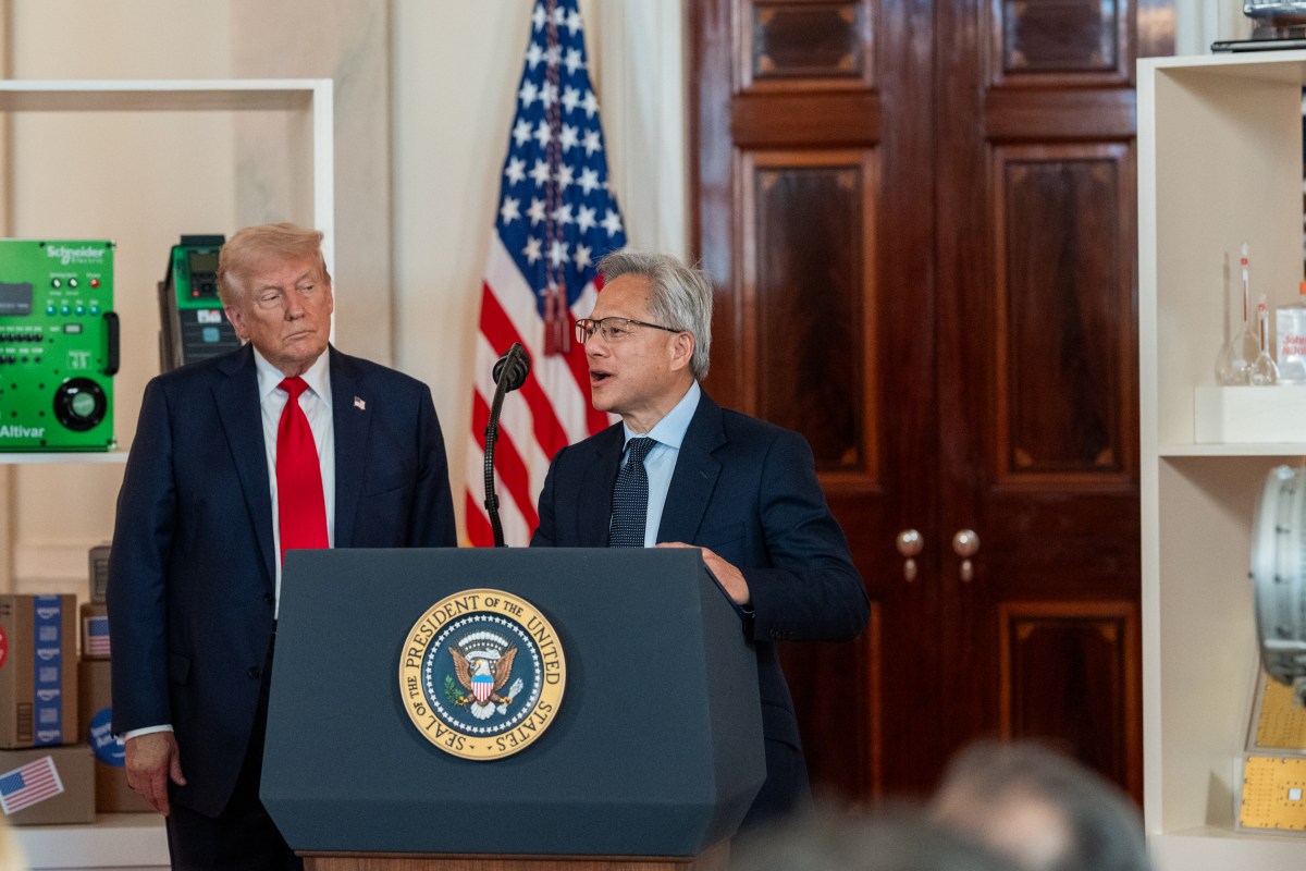 NVIDIA CEO Jensen Huang delivers remarks as President Donald Trump looks on during an “Investing in America” event, Wednesday, April 30, 2025, in the Cross Hall of the White House. (Official White House Photo by Joyce N. Boghosian)