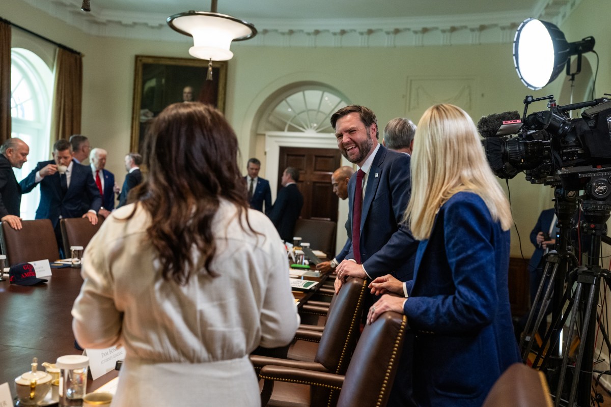 Vice President JD Vance speaks with members of the Cabinet before a meeting, Wednesday, April 30, 2025, in the Cabinet Room. (Official White House Photo by Molly Riley)