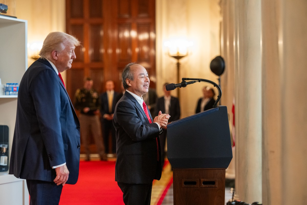 SoftBank CEO Masayoshi Son delivers remarks as President Donald Trump looks on during an “Investing in America” event, Wednesday, April 30, 2025, in the Cross Hall of the White House. (Official White House Photo by Molly Riley)