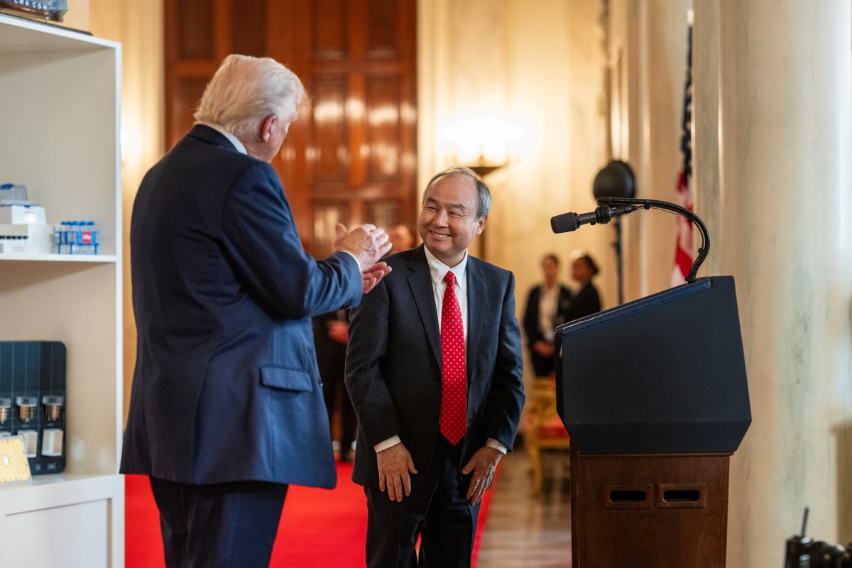 SoftBank CEO Masayoshi Son delivers remarks as President Donald Trump looks on during an “Investing in America” event, Wednesday, April 30, 2025, in the Cross Hall of the White House. (Official White House Photo by Molly Riley)