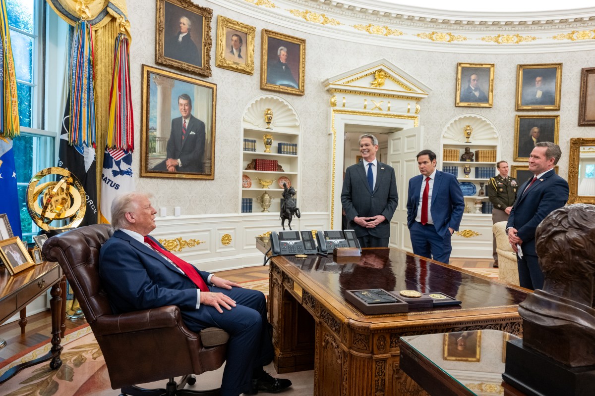 President Donald Trump speaks with Secretary of Commerce Scott Bessent, Secretary of State Marco Rubio, and National Security Advisor Mike Waltz in the Oval Office, Wednesday, April 30, 2025. (Official White House Photo by Molly Riley)