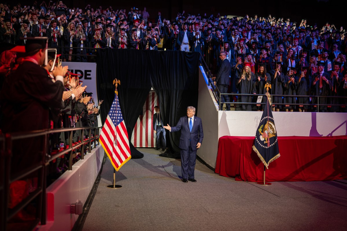 President Donald Trump delivers the Commencement address at the graduation ceremony for the University of Alabama, Thursday, May 1, 2025, at Coleman Coliseum in Tuscaloosa, Alabama. (Official White House Photo by Daniel Torok)