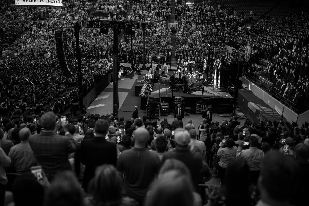 President Donald Trump delivers the Commencement address at the graduation ceremony for the University of Alabama, Thursday, May 1, 2025, at Coleman Coliseum in Tuscaloosa, Alabama. (Official White House Photo by Daniel Torok)