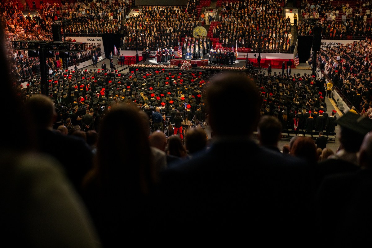 President Donald Trump delivers the Commencement address at the graduation ceremony for the University of Alabama, Thursday, May 1, 2025, at Coleman Coliseum in Tuscaloosa, Alabama. (Official White House Photo by Daniel Torok)