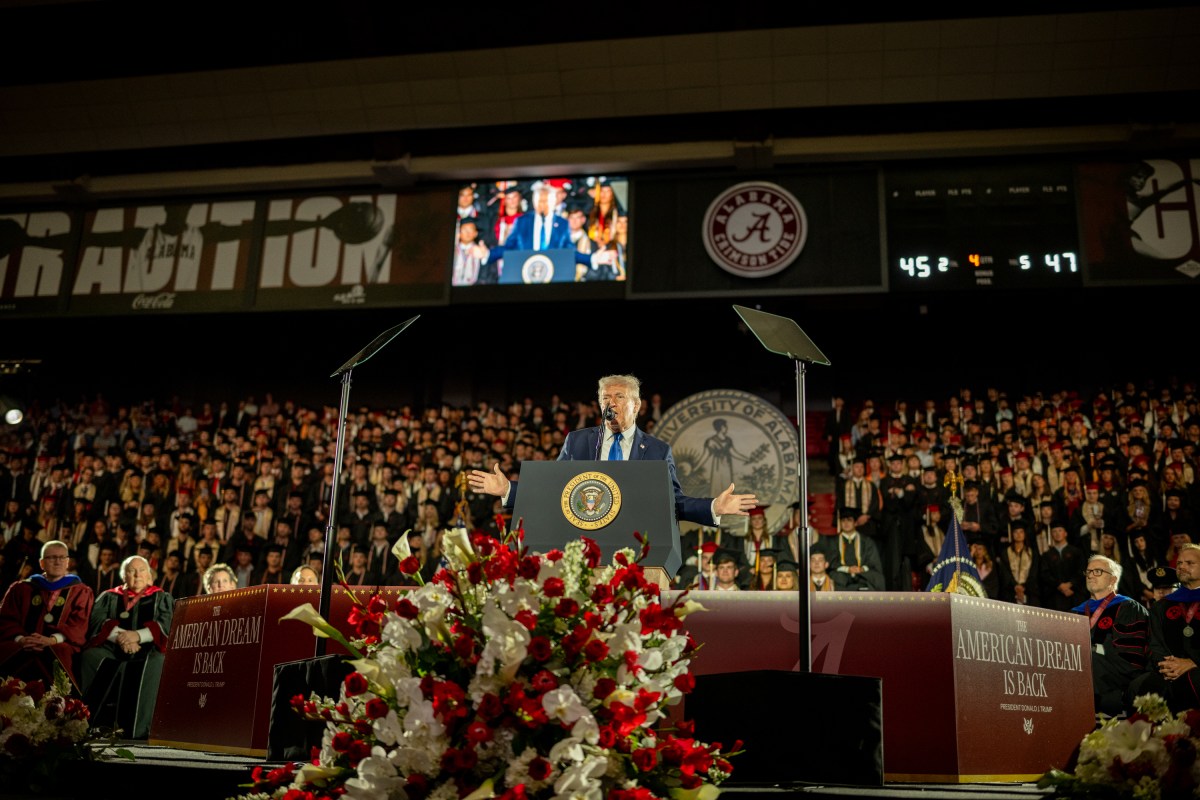 President Donald Trump delivers the Commencement address at the graduation ceremony for the University of Alabama, Thursday, May 1, 2025, at Coleman Coliseum in Tuscaloosa, Alabama. (Official White House Photo by Daniel Torok)