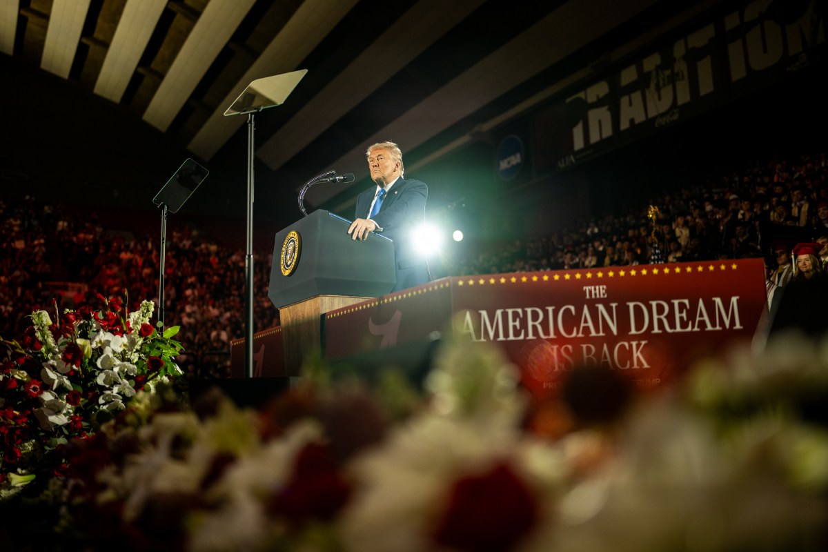 President Donald Trump delivers the Commencement address at the graduation ceremony for the University of Alabama, Thursday, May 1, 2025, at Coleman Coliseum in Tuscaloosa, Alabama. (Official White House Photo by Daniel Torok)