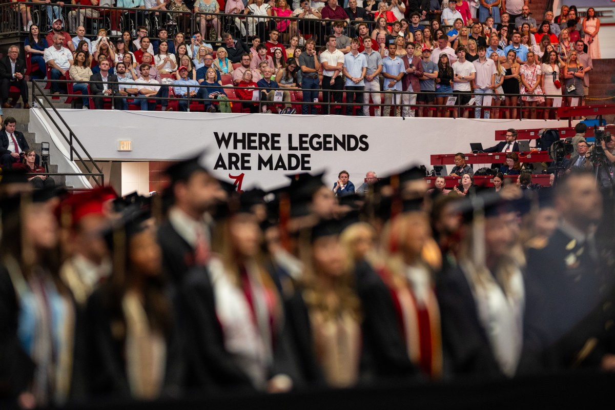 President Donald Trump delivers the Commencement address at the graduation ceremony for the University of Alabama, Thursday, May 1, 2025, at Coleman Coliseum in Tuscaloosa, Alabama. (Official White House Photo by Daniel Torok)
