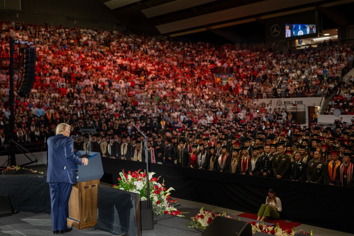 President Donald Trump delivers the Commencement address at the graduation ceremony for the University of Alabama, Thursday, May 1, 2025, at Coleman Coliseum in Tuscaloosa, Alabama. (Official White House Photo by Daniel Torok)
