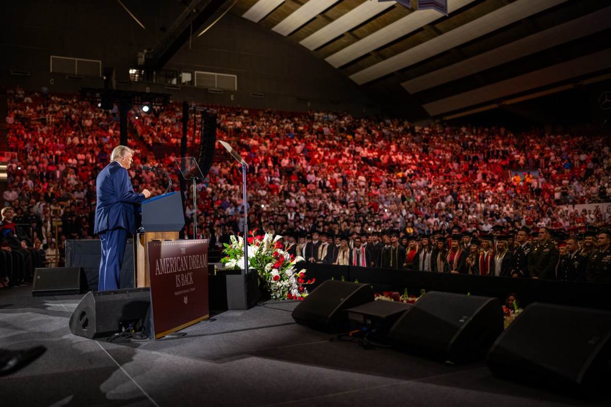 President Donald Trump delivers the Commencement address at the graduation ceremony for the University of Alabama, Thursday, May 1, 2025, at Coleman Coliseum in Tuscaloosa, Alabama. (Official White House Photo by Daniel Torok)