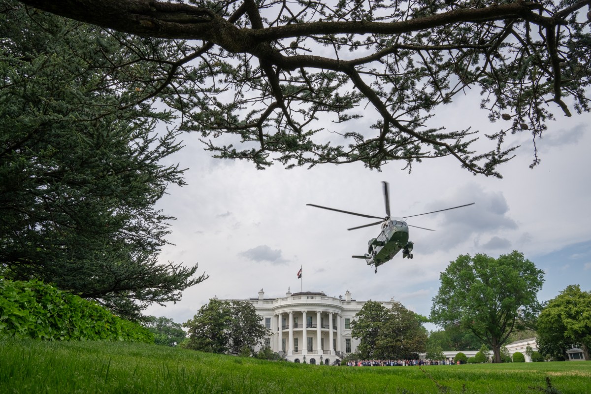President Donald Trump departs the South Lawn of the White House aboard Marine One, Thursday, May 1, 2025, en route to Joint Base Andrews for a trip to Alabama. (Official White House Photo by Gabriel B Kotico)